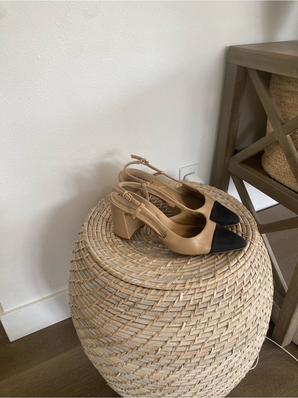 Anne Klein Two-Tone Pointed Slingback Block Heels in Tan and Black
